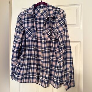 Ladies LL Bean flannel button down - size L - navy, pink, white